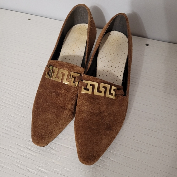 Transit Dark Tan Suede Heels with Gold Details - Picture 1 of 9